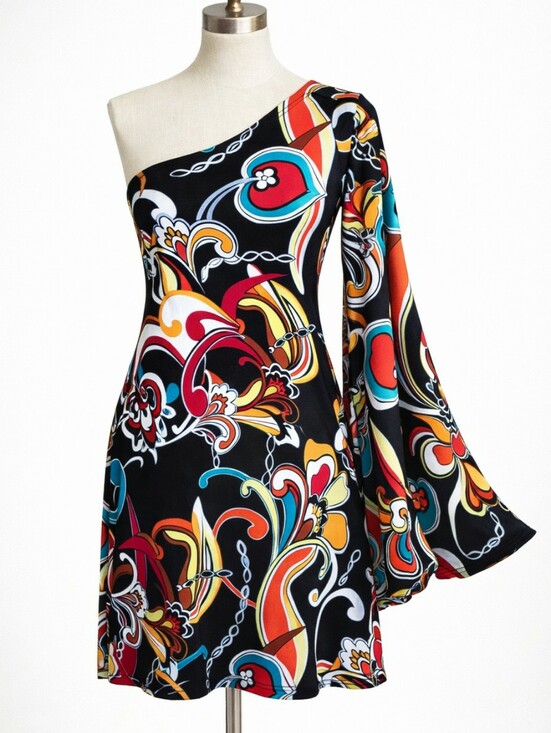 Vintage Dresses & Skirts - 💐Vintage 90s Psychedelic One Shoulder Bell Sleeve Dress Black Multicolor MEDIUM